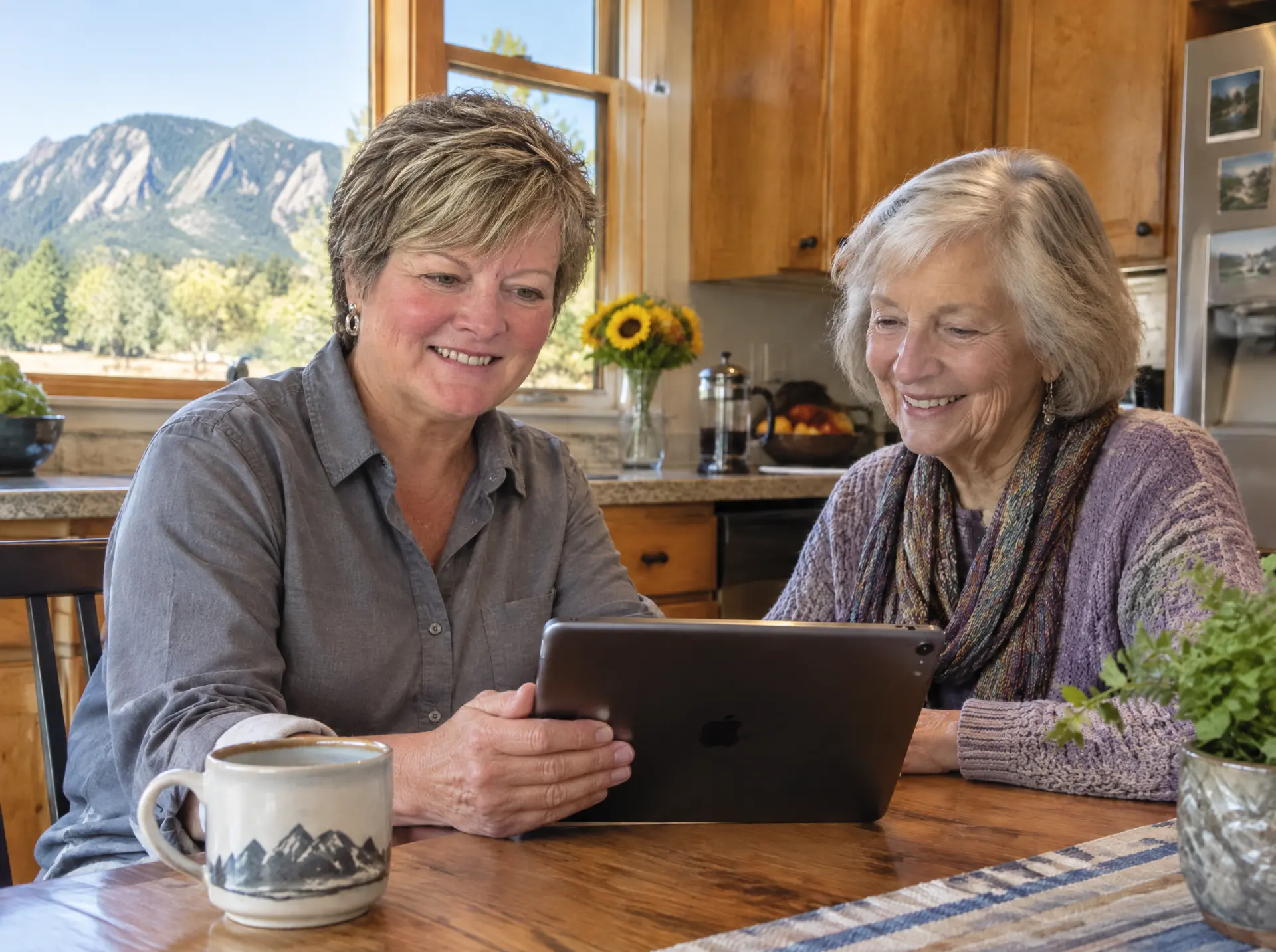 Margaret showing a client how to use her tablet at the kitchen table
