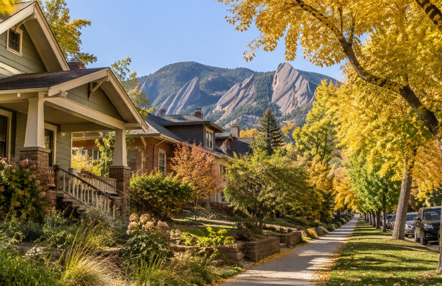 A tree-lined Boulder, Colorado neighborhood street with the Flatirons in the distance